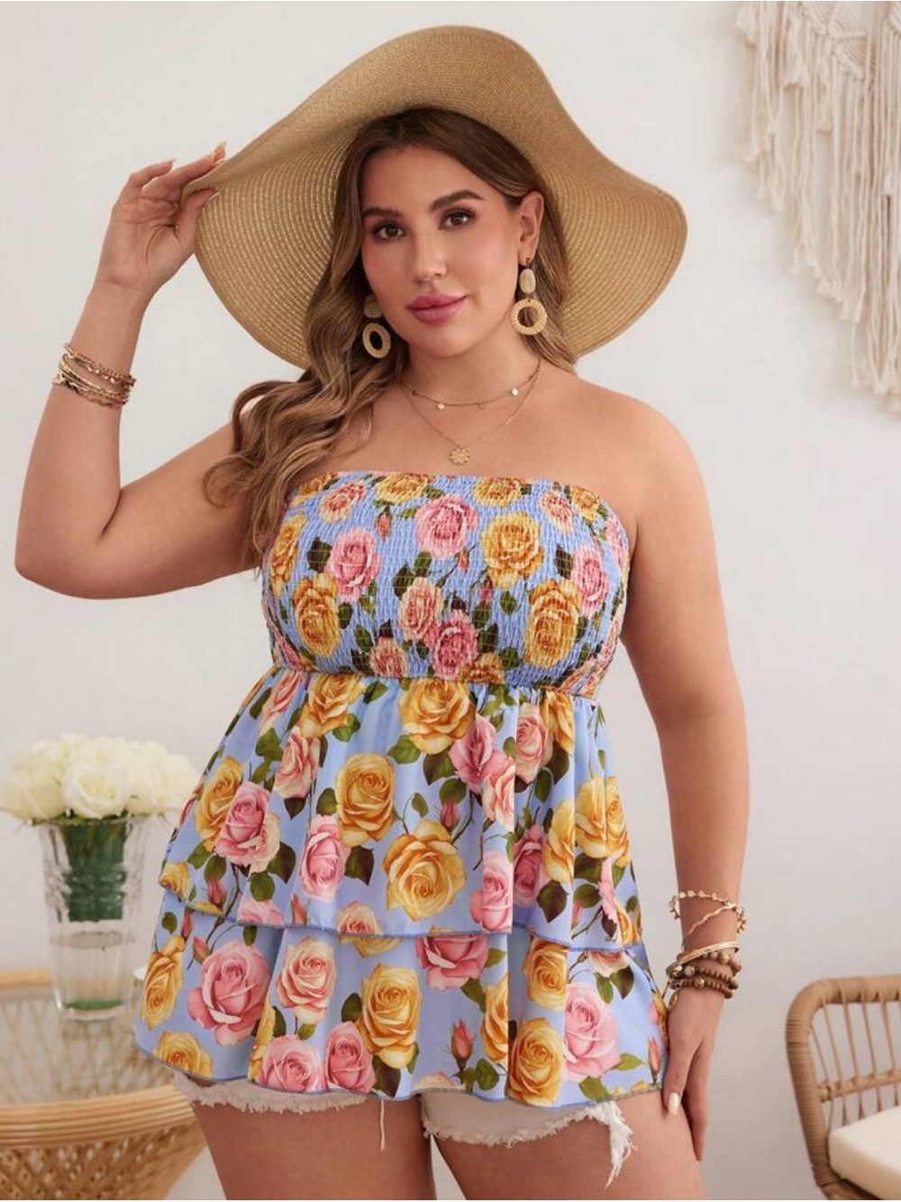 Strapless Blue Floral Ruffled Summer Tube Top